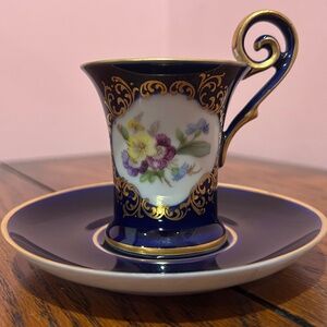 Vintage Lindner Kueps Bavaria Demitasse Cup and Saucer in Cobalt Blue and Gold